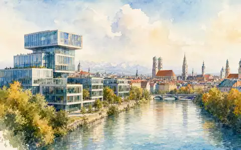 Traton SE DE000TRAT0N7 präsentiert zarte Aquarellansicht von München mit moderner Firmenzentrale direkt am Fluss - Foto: THN