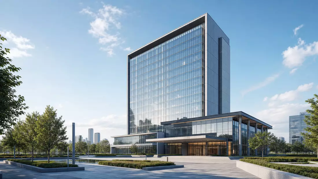 3D-Architekturvisualisierung eines gläsernen Hochhauses mit begrüntem Vorplatz bei Tageslicht