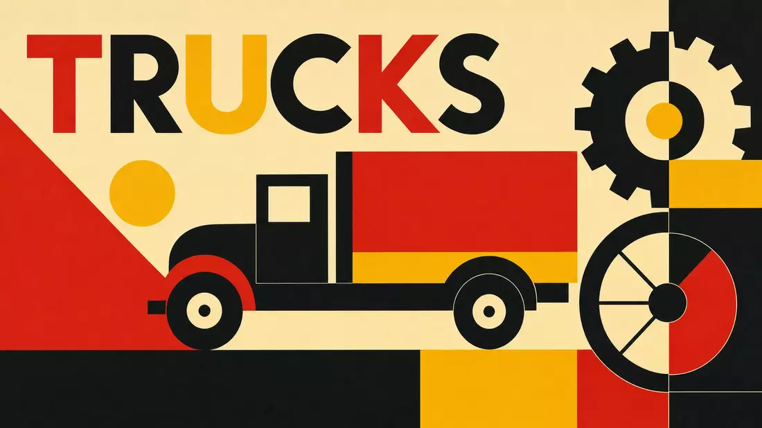 Geometrisches Bauhaus-Poster mit stilisiertem Lkw, Zahnrad und dem Wort TRUCKS