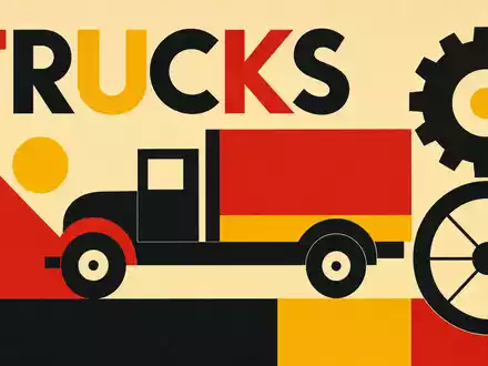 Traton SE DE000TRAT0N7 Bauhaus-Poster kombiniert geometrische Formen mit stilisiertem Lkw und krÀftigem Sektor-Text - Foto: THN