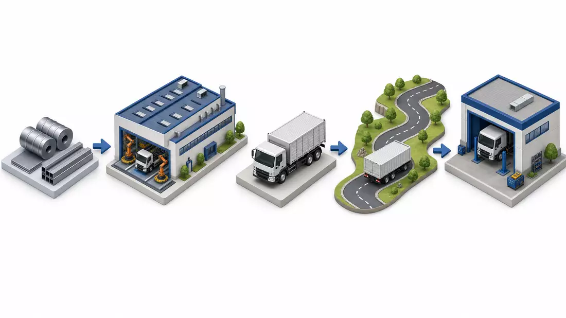 Isometrische Grafik zeigt Wertschöpfungskette von Stahl über Fabrik bis Lkw-Auslieferung
