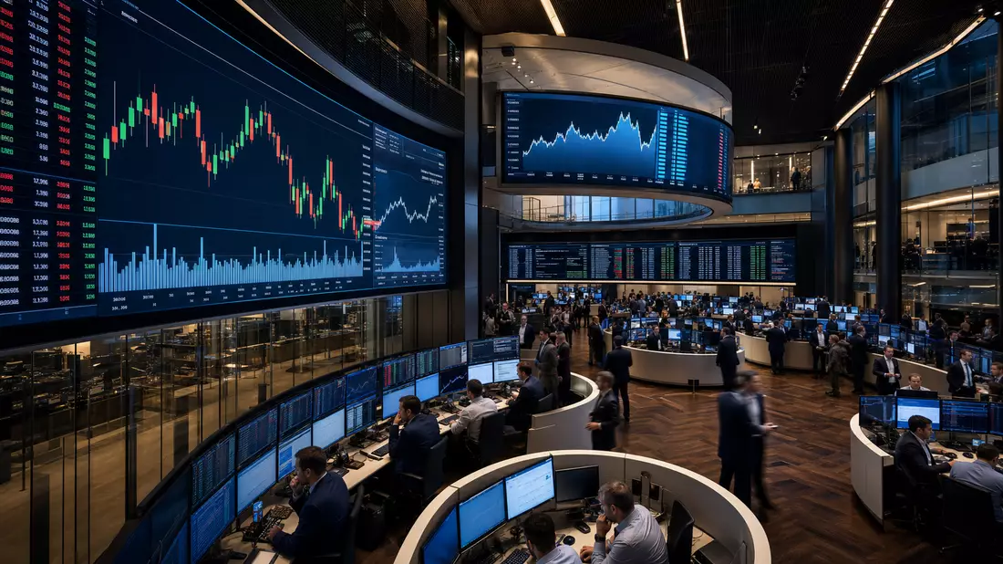 Trading-Floor mit großen Bildschirmen, abstrakten Charts und Händlern in Anzügen