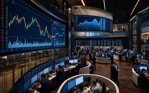 Traton SE DE000TRAT0N7 Börsen-Editorial zeigt belebten Handelssaal der Frankfurter Börse mit abstrakten Sektorcharts heute - Foto: THN