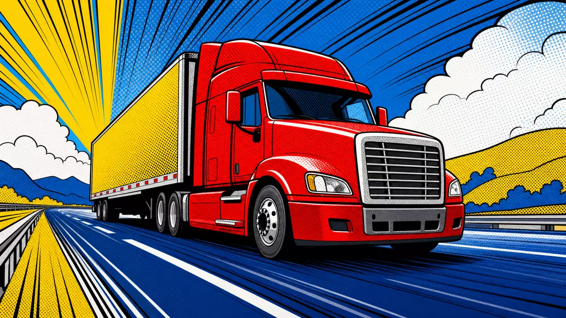 Pop-Art-Comic-Illustration eines roten Lkw auf Autobahn mit Halbtonpunkten und Actionlinien