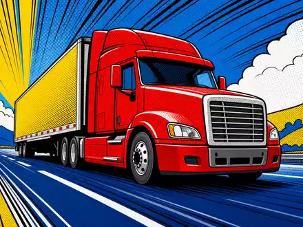 Traton SE DE000TRAT0N7 Pop-Art-Comic zeigt farbenfrohen unbeschrifteten Lkw auf dynamischer Autobahnszene bei Sonnenschein - Foto: THN