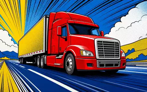 Traton SE DE000TRAT0N7 Pop-Art-Comic zeigt farbenfrohen unbeschrifteten Lkw auf dynamischer Autobahnszene bei Sonnenschein - Foto: THN