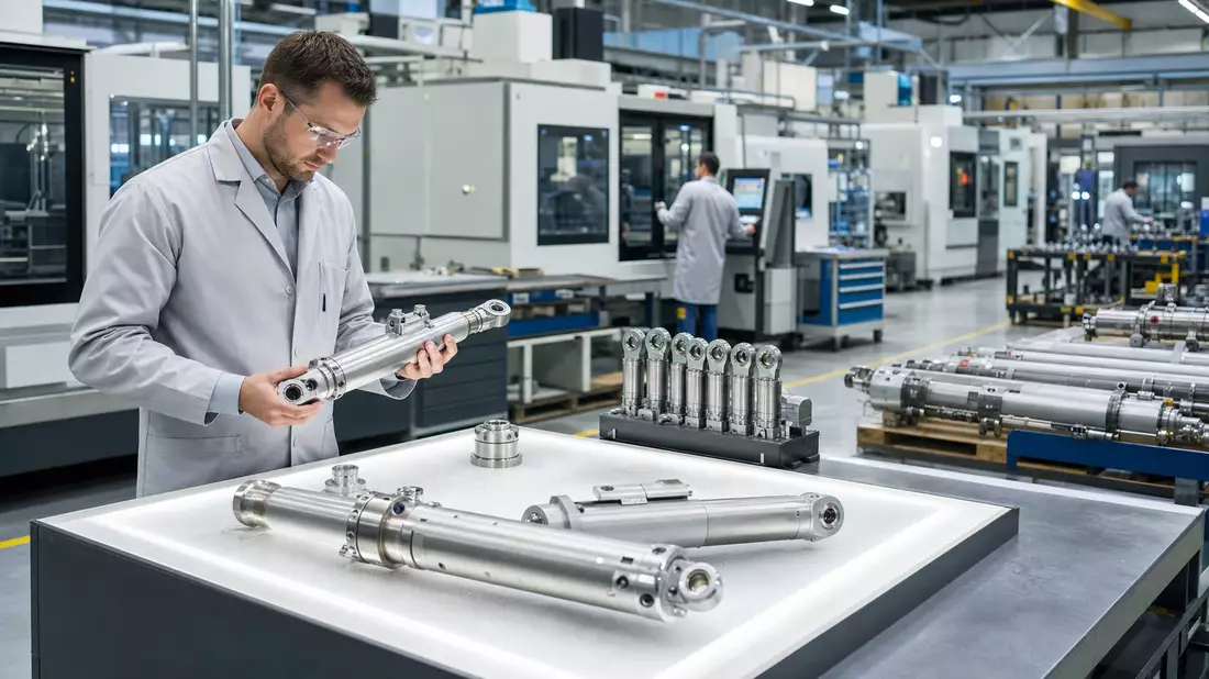 Ingenieure prüfen Präzisionsbauteile in moderner Luftfahrt-Fertigungshalle