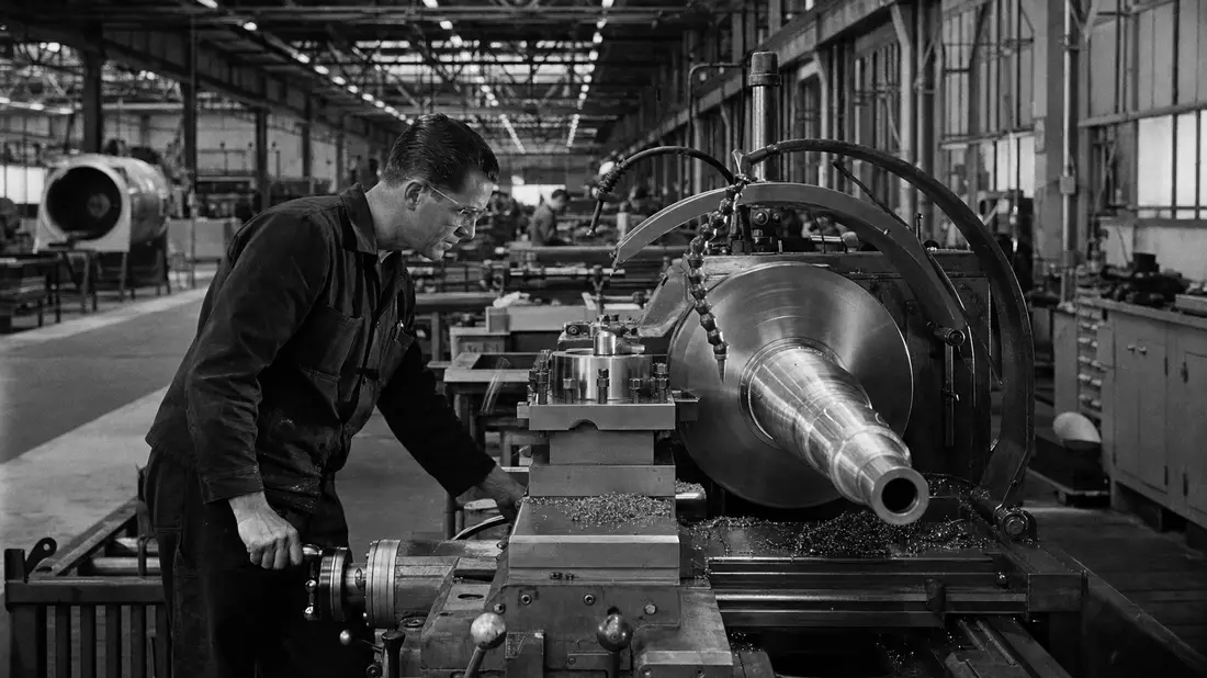 Schwarzweiß-Reportagefoto eines Arbeiters an einer Drehmaschine in der Fabrik