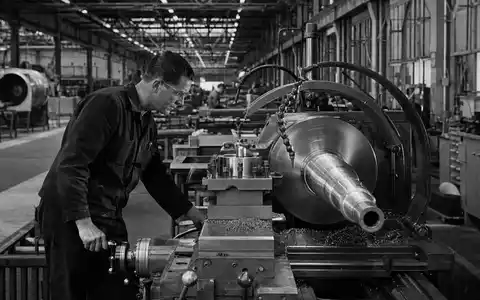 TransDigm Group US8923561055 dokumentiert in Schwarzweiß-Reportage einen Arbeiter an schwerer Drehmaschine in Fertigungshalle - Foto: THN