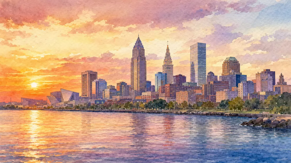 Aquarellmalerei der Cleveland-Skyline am Eriesee bei Sonnenuntergang