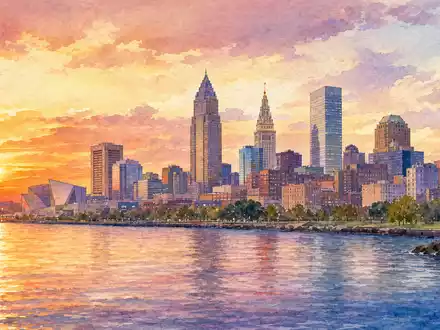 TransDigm Group US8923561055 präsentiert als Aquarell die Skyline von Cleveland am Eriesee bei Sonnenuntergang - Foto: THN