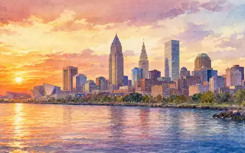 TransDigm Group US8923561055 präsentiert als Aquarell die Skyline von Cleveland am Eriesee bei Sonnenuntergang - Foto: THN