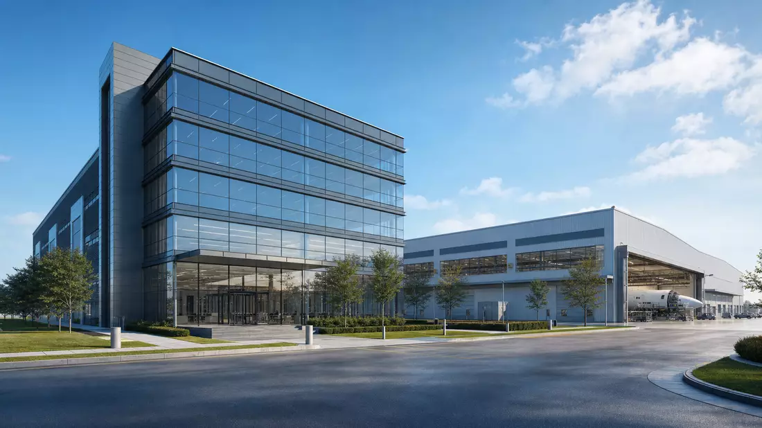 Architektur-Render eines modernen Bürogebäudes neben Fertigungshalle mit Hangar