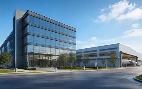 TransDigm Group US8923561055 illustriert als Architektur-Render modernen Bürokomplex neben Luftfahrt-Fertigungsanlage mit Hangar - Foto: THN
