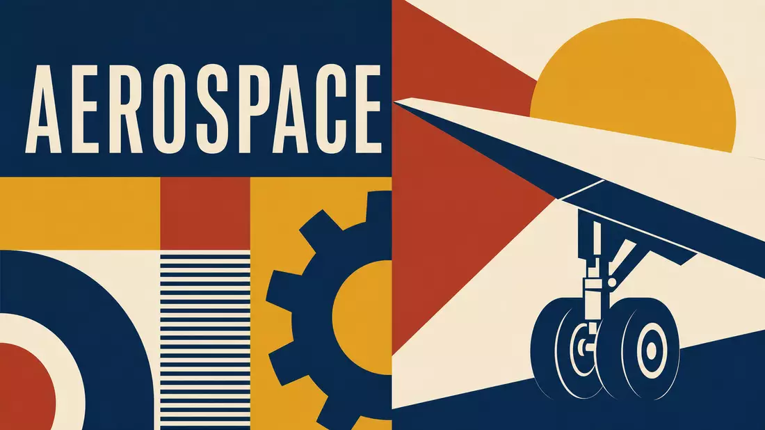 Geometrisches Bauhaus-Poster mit Flugzeugsilhouette und Schriftzug AEROSPACE