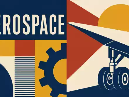 TransDigm Group US8923561055 zeigt als geometrisches Bauhaus-Poster stilisierte Flugzeugflügel-Silhouette mit großem Schriftzug AEROSPACE - Foto: THN