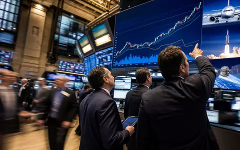 TransDigm Group US8923561055 im Börsen-Editorial mit Händlern vor Kursdiagrammen und Luftfahrt-Symbolen an der NYSE - Foto: THN