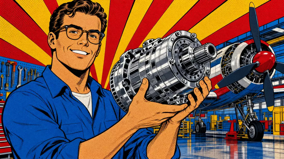 Pop-Art-Comic eines Ingenieurs mit glänzendem mechanischem Flugzeugbauteil in Hangar