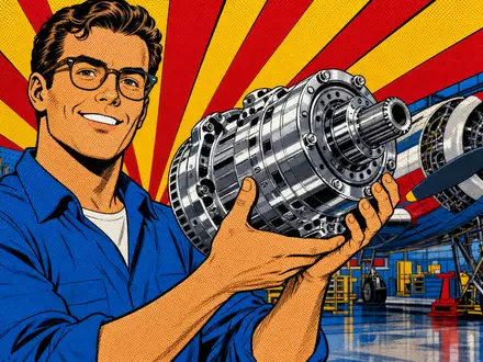 TransDigm Group US8923561055 zeigt als farbenfrohes Pop-Art-Comic Ingenieur mit glänzendem mechanischem Flugzeugbauteil - Foto: THN