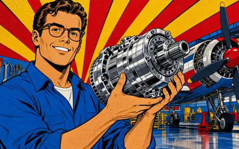 TransDigm Group US8923561055 zeigt als farbenfrohes Pop-Art-Comic Ingenieur mit glänzendem mechanischem Flugzeugbauteil - Foto: THN