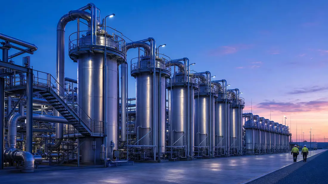 Industrielle Wasserstoff-Elektrolyseanlage mit Tanks und Rohrleitungen bei Sonnenuntergang