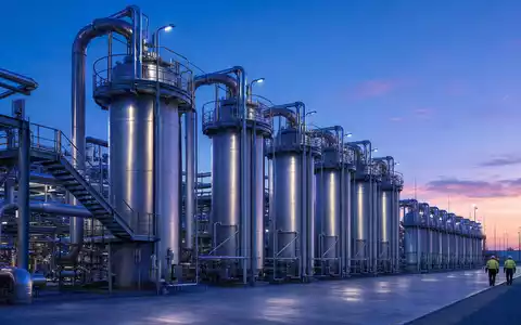 ThyssenKrupp Nucera (DE000NCA0001) betreibt eine große industrielle Wasserstoff-Elektrolyseanlage in der Abenddämmerung mit Rohren - Foto: THN