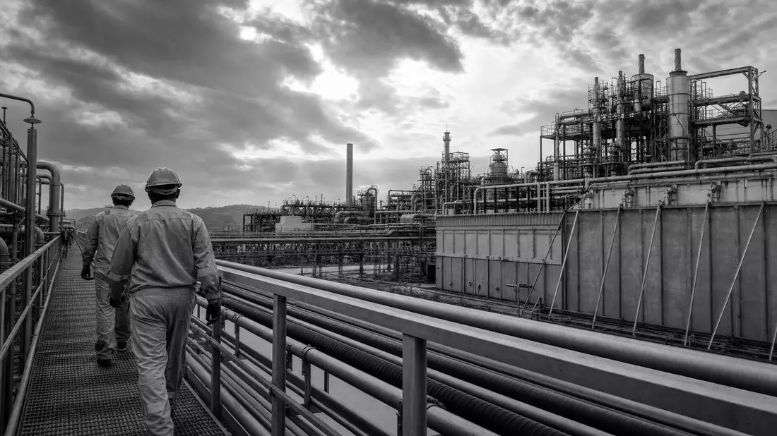 Schwarzweiß-Reportagefoto von Arbeitern vor industrieller Elektrolyseanlage mit Rohren