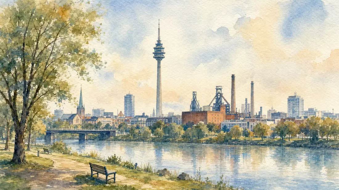 Aquarellmalerei der Dortmunder Skyline mit Fernsehturm und Fluss im Vordergrund
