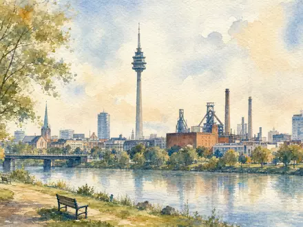 ThyssenKrupp Nucera (DE000NCA0001) hat seinen Sitz in Dortmund, hier dargestellt als sanfte Aquarell-Stadtansicht am Fluss - Foto: THN