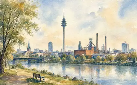 ThyssenKrupp Nucera (DE000NCA0001) hat seinen Sitz in Dortmund, hier dargestellt als sanfte Aquarell-Stadtansicht am Fluss - Foto: THN
