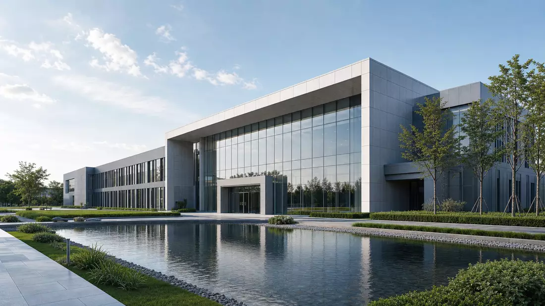 Architekturvisualisierung eines modernen Bürogebäudes mit Glasfassade und Teich