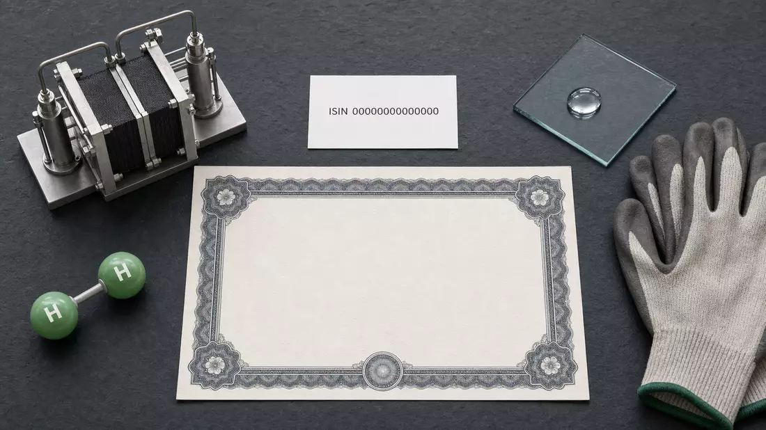 Flatlay mit Aktienzertifikat, ISIN-Karte, Elektrolysezelle und Wasserstoffmolekül-Modell
