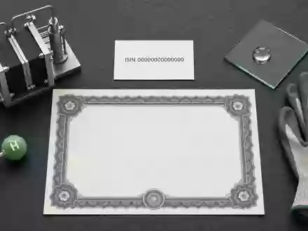 ThyssenKrupp Nucera (DE000NCA0001) symbolisiert dieses Flatlay mit Aktienzertifikat, ISIN-Karte, Elektrolyse-Modell und Schutzhandschuhen - Foto: THN