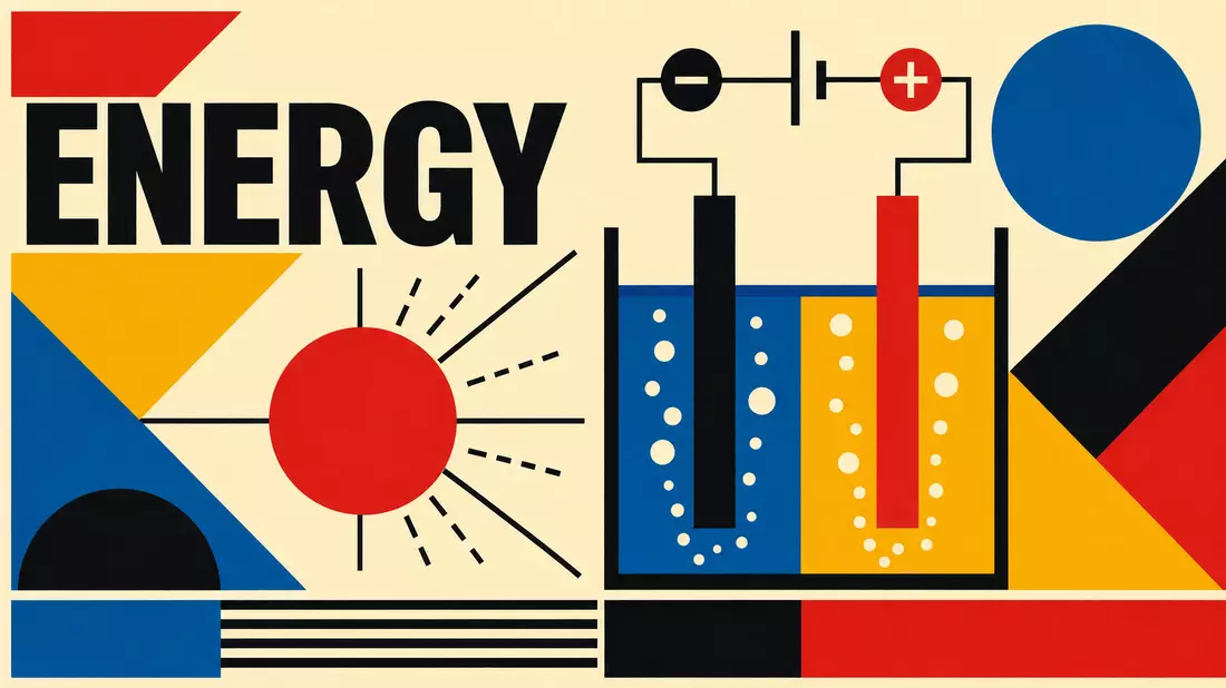 Geometrisches Bauhaus-Poster mit Formen, Elektrolyse-Symbolik und dem Wort ENERGY