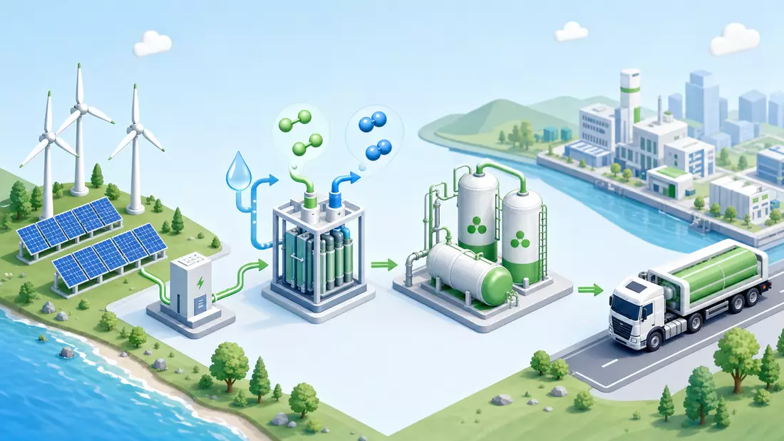 Isometrische 3D-Grafik der grünen Wasserstoff-Wertschöpfungskette von Windkraft bis Transport