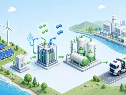 ThyssenKrupp Nucera (DE000NCA0001) liefert Elektrolyseure, dargestellt in dieser isometrischen 3D-Wertschöpfungskette für grünen Wasserstoff - Foto: THN