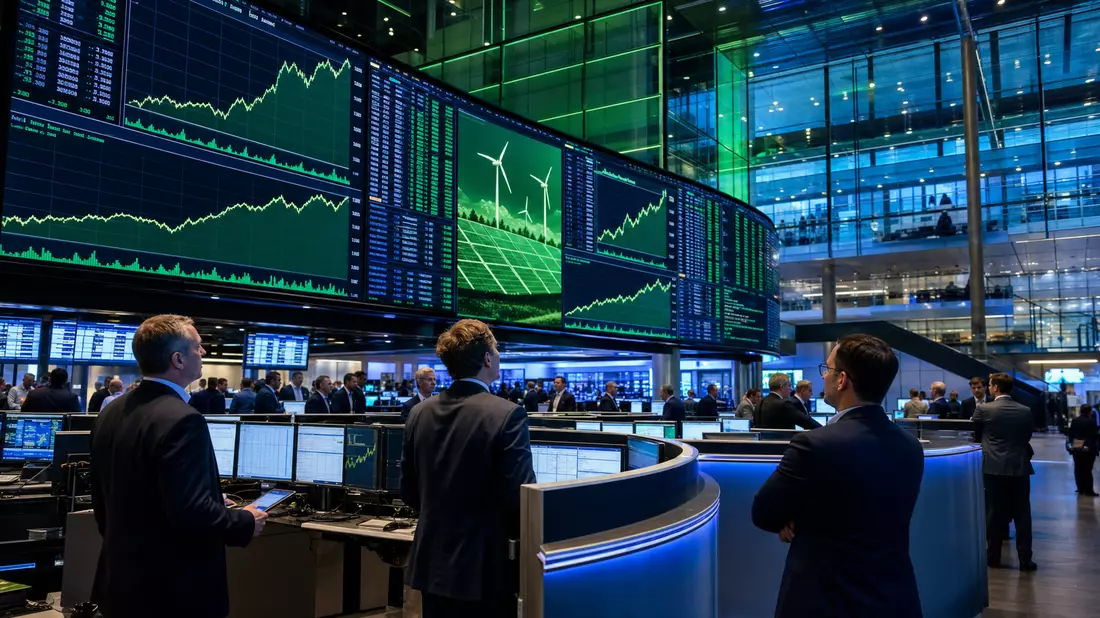 Editorial-Foto vom Trading-Floor der Frankfurter Börse mit grünen Energie-Charts auf Bildschirmen