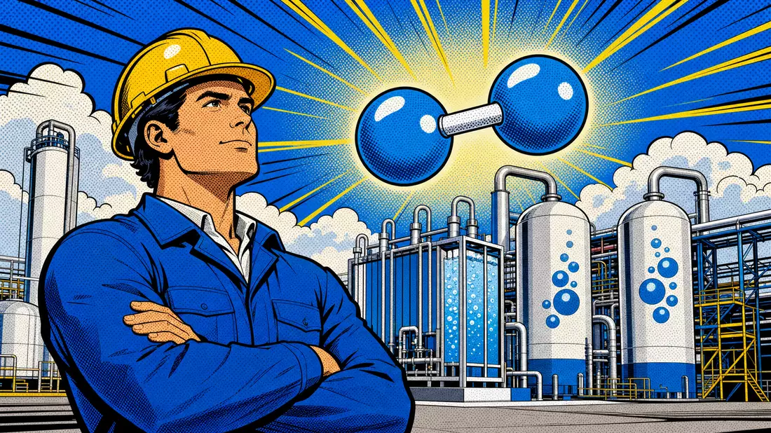 Pop-Art-Comic-Illustration eines Ingenieurs vor einer Wasserstoff-Elektrolyseanlage mit Molekülgrafik
