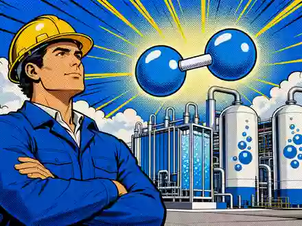 ThyssenKrupp Nucera (DE000NCA0001) wird hier als bunte Pop-Art-Comic-Szene mit Ingenieur und Wasserstoffmolekül dargestellt - Foto: THN