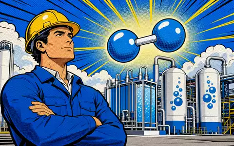 ThyssenKrupp Nucera (DE000NCA0001) wird hier als bunte Pop-Art-Comic-Szene mit Ingenieur und Wasserstoffmolekül dargestellt - Foto: THN