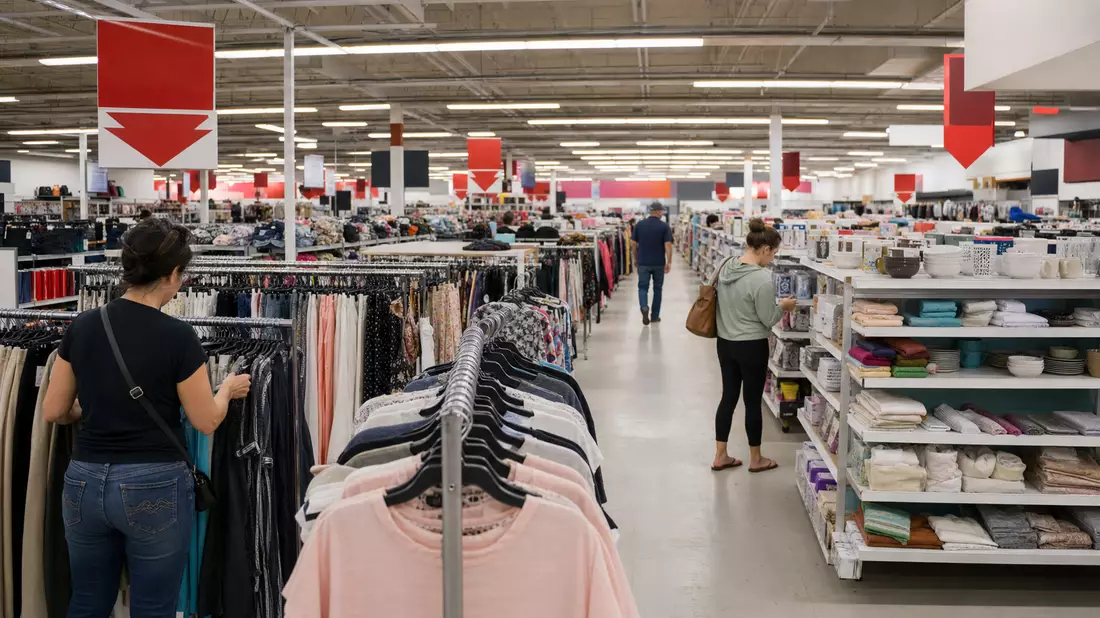 Kunden stöbern in Kleiderständern und Regalen eines Discount-Einzelhandelsgeschäfts
