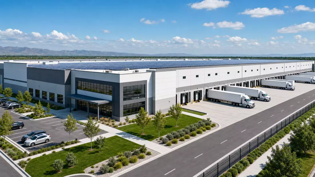 3D-Architekturvisualisierung eines großen Distributionszentrums mit Lkw an Laderampen