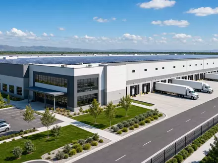 TJX Companies Inc. (US8725401090) betreibt groĂe Logistikzentren, dargestellt als modernes Architektur-Render eines Verteilzentrums - Foto: THN