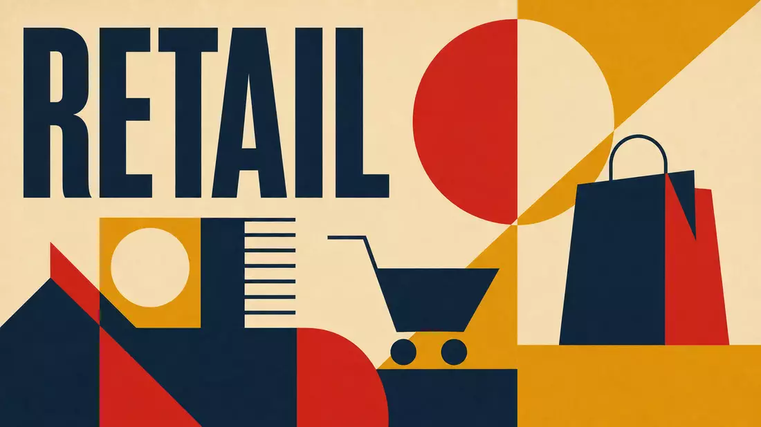 Geometrisches Bauhaus-Plakat mit Einkaufswagen, Tasche und dem Wort RETAIL in kräftigen Farben
