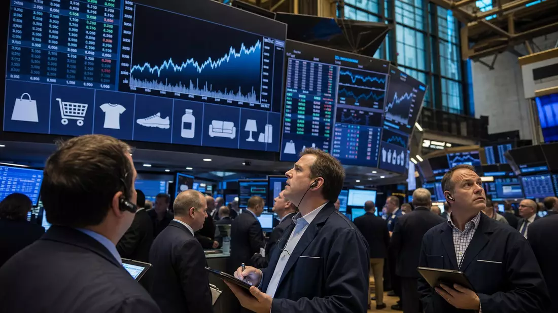 Trading-Floor der Börse mit Händlern vor Bildschirmen und Einzelhandels-Sektorcharts