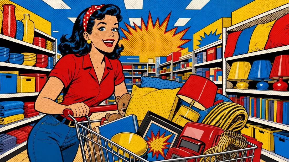 Pop-Art-Comic einer lächelnden Kundin mit vollem Einkaufswagen in einem bunten Geschäft