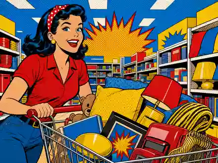 TJX Companies Inc. (US8725401090) begeistert weltweit Schnäppchenjäger, dargestellt als farbenfrohe Pop-Art-Comic-Szene im Geschäft - Foto: THN