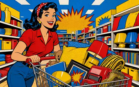 TJX Companies Inc. (US8725401090) begeistert weltweit Schnäppchenjäger, dargestellt als farbenfrohe Pop-Art-Comic-Szene im Geschäft - Foto: THN