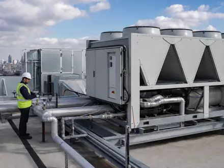 Trane Technologies (IE00BK9ZQ967): Ein Techniker prüft eine moderne Klimaanlage auf einem Bürogebäude-Dach fotorealistisch dargestellt - Foto: THN