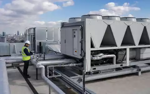 Trane Technologies (IE00BK9ZQ967): Ein Techniker prüft eine moderne Klimaanlage auf einem Bürogebäude-Dach fotorealistisch dargestellt - Foto: THN